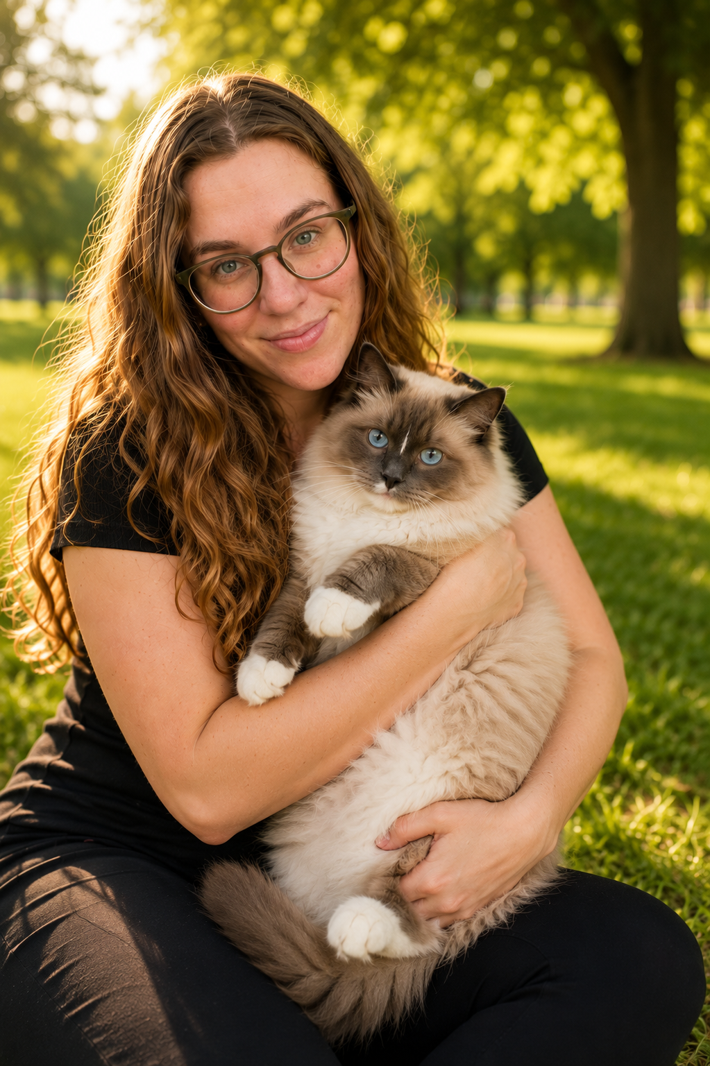 Danielle relaxing outdoors with a fluffy ragdoll cat