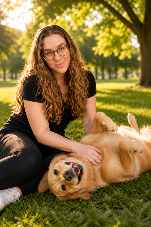 Danielle smiling in a park with a happy golden retriever